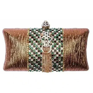 Mercedes Brunelli Jeweled Clutch Bag Swarovski Wild Cat Tassel Bronze NWT $858